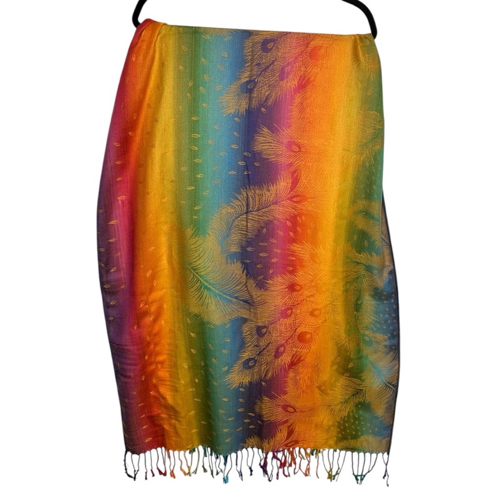 Pashmina Rainbow Bright Colorful Peacock Fringe Scarf 26x66